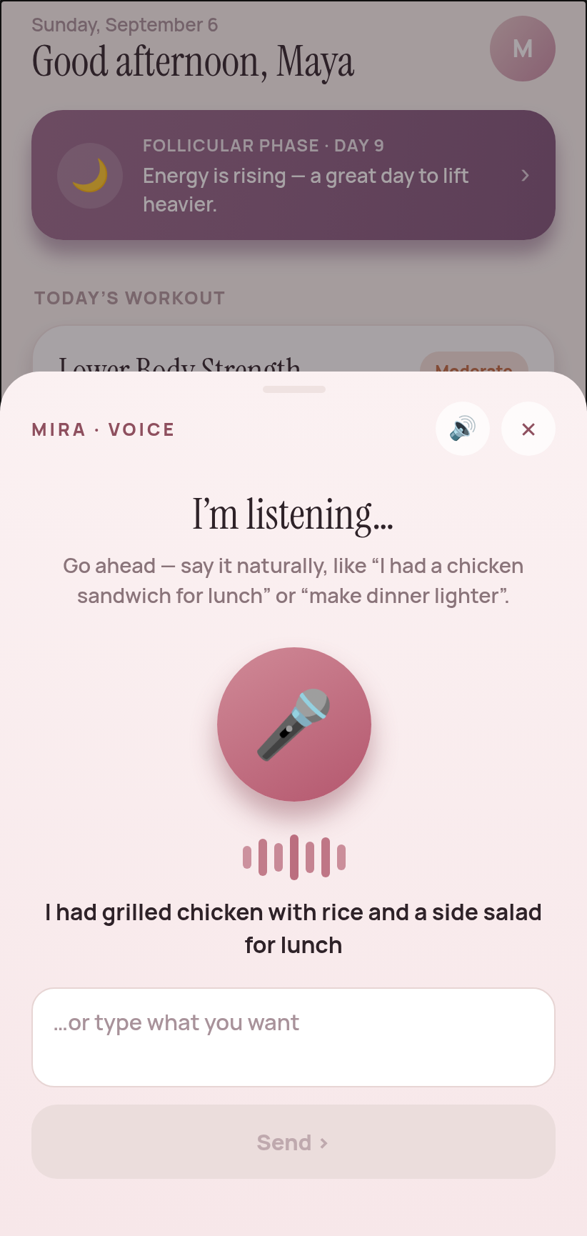 Her Fitness AI listening as a member speaks: a microphone, a live sound waveform, and the sentence "I had grilled chicken with rice and a side salad for lunch" appearing as she says it