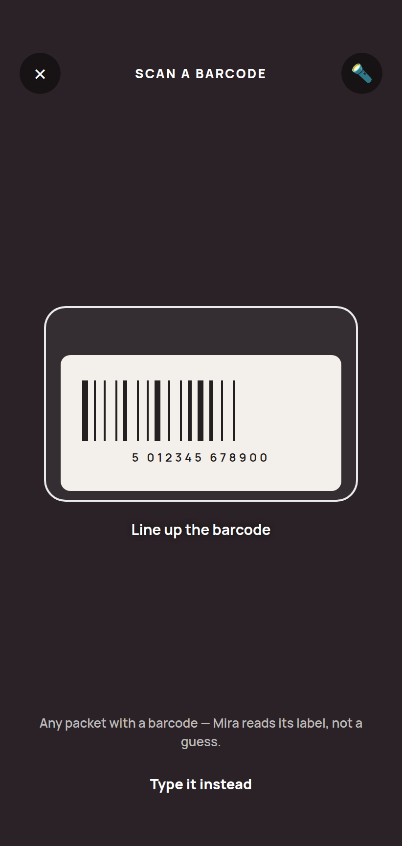 The Her Fitness AI barcode scanner with a packet’s barcode lined up inside the on-screen frame, ready to read its nutrition label